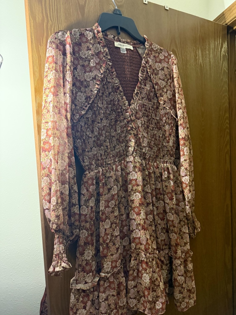 Floral Rokoko size small Smocked V-Neck Mini Dress - Brown Floral